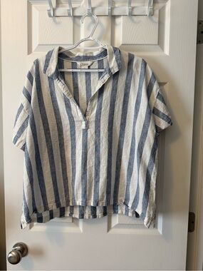 Natural Reflections Blue and White Striped Short Sleeve Popover Blouse